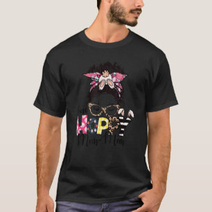 Messy Bun Bunny One Hoppy Mama Mama Leopard Happy T-Shirt