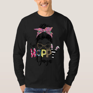 Messy Bun Bunny One Hoppy Yaya Leopard Happy Easte T-Shirt