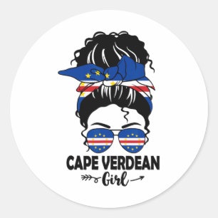Messy Bun Cape Verdean Girl and Cape Verde Flag GL Runder Aufkleber