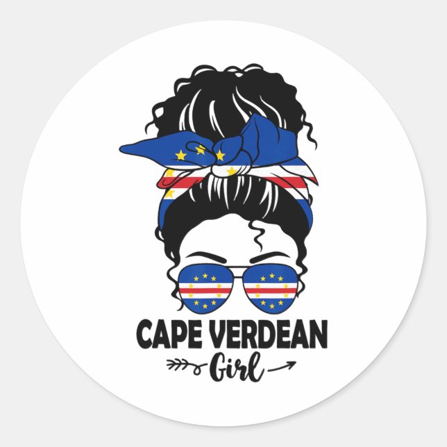 Messy Bun Cape Verdean Girl and Cape Verde Flag GL Runder Aufkleber (Vorderseite)