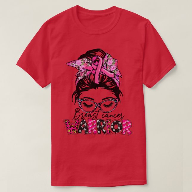 Messy Bun Glasses Wear Pink Krieger Brustkrebs T-Shirt (Design vorne)