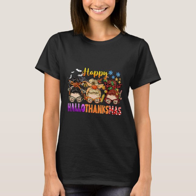Messy Bun Halloween zu Weihnachten Frauen glücklic T-Shirt (Vorderseite)
