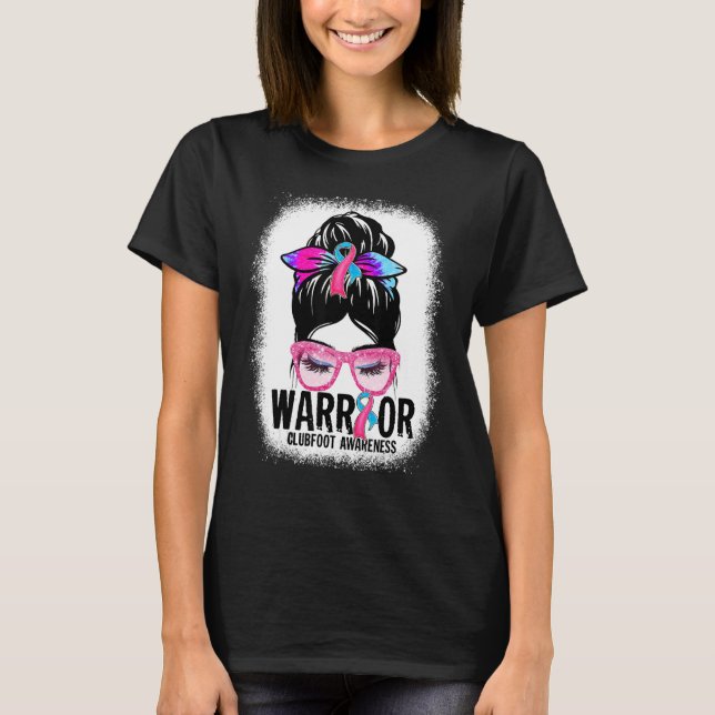 Messy Bun Leopard Blue Pink Ribbon Clubfoot Warrio T-Shirt (Vorderseite)