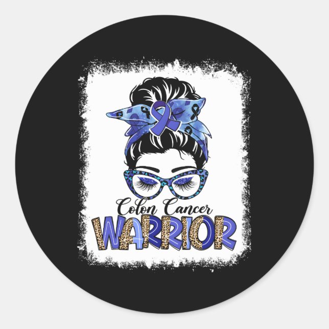 Messy Bun Leopard Blue Ribbon Colon Cancer Warrior Runder Aufkleber (Vorderseite)