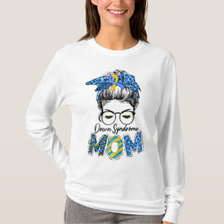 Messy Bun Leopard Blue Yellow Ribbon Down Syndrom T-Shirt