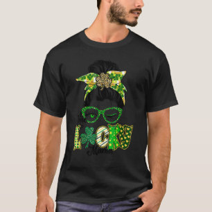 Messy Bun Leopard St Patrick's Day One Lucky Mama T-Shirt