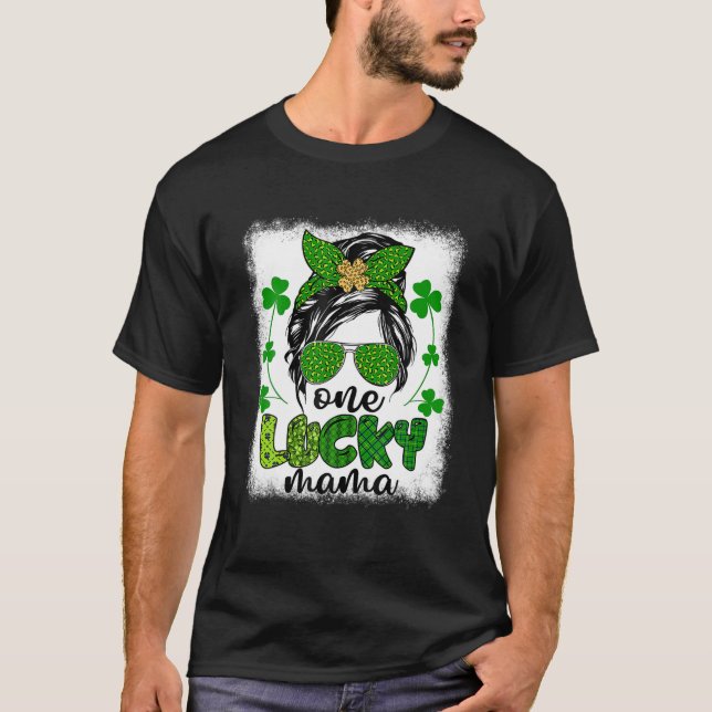 Messy Bun Leopard St Patrick's Day One Lucky Mama T-Shirt (Vorderseite)