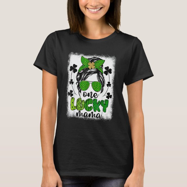Messy Bun Leopard St Patrick's Day One Lucky Mama T-Shirt (Vorderseite)