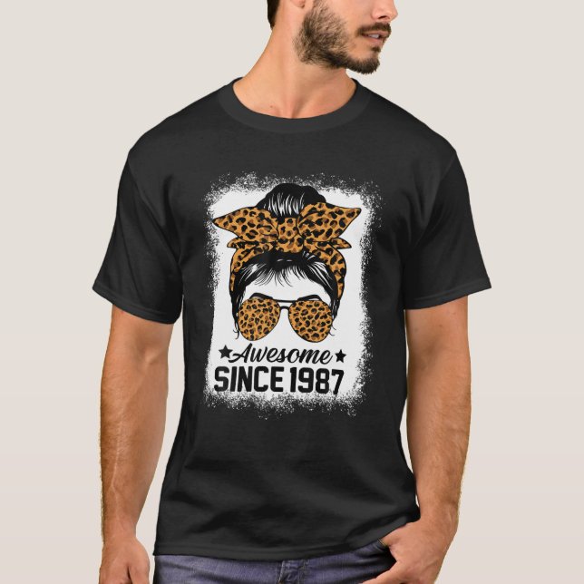 Messy Bun Leoprad Awesome Since 1987 35 Years Old T-Shirt (Vorderseite)