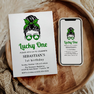 Messy Bun Lucky One 1. Geburtstagsmädchen Einladung