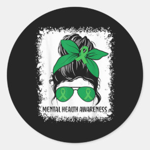 Messy Bun Mental Health S Awareness Green Ribbon _ Runder Aufkleber
