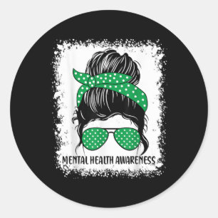 Messy Bun Mental Health S Awareness Green Ribbon _ Runder Aufkleber
