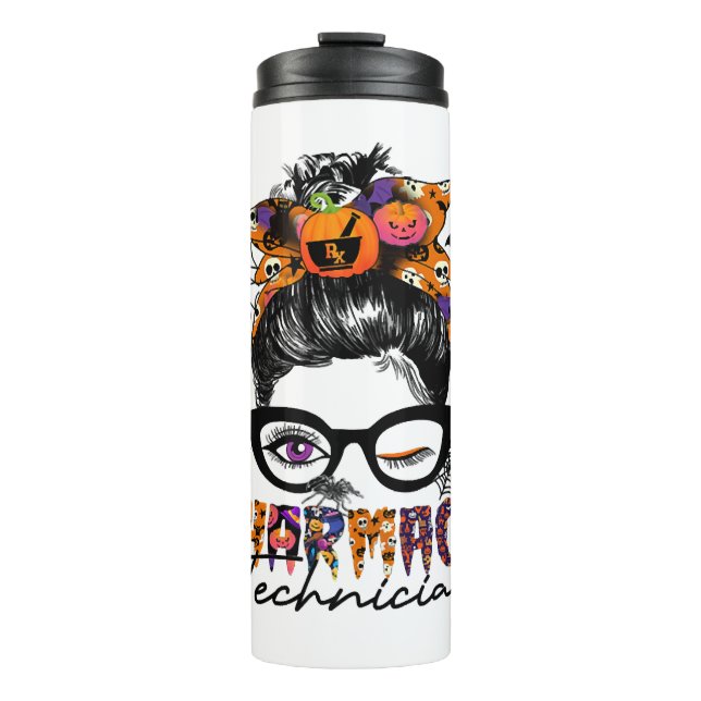 Messy Bun Pharmacy Techniker Halloween-Party Thermosbecher (Vorderseite)