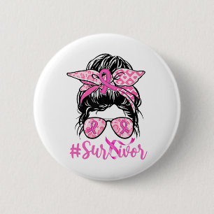 Messy Bun Pink Ribbon Leopard Brustkrebs Krieg Button
