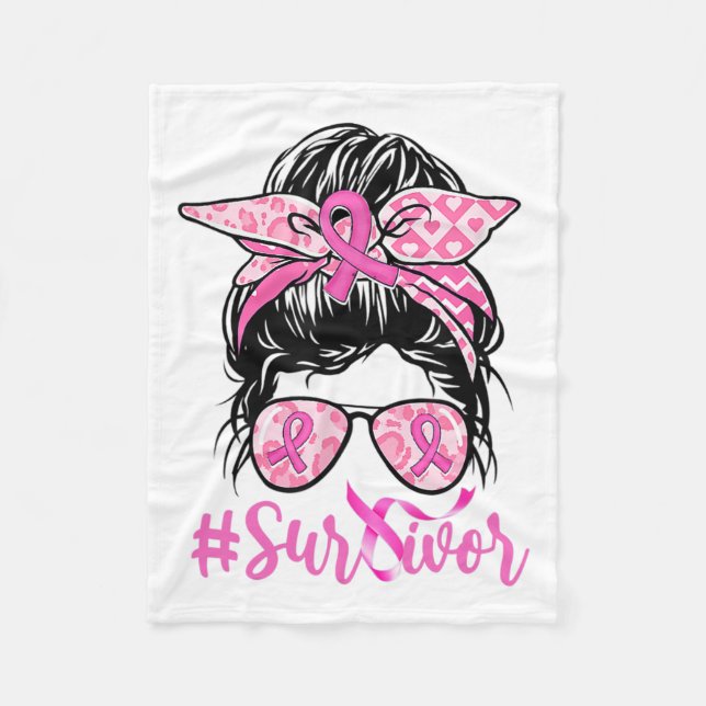 Messy Bun Pink Ribbon Leopard Brustkrebs Krieg Fleecedecke (Vorderseite)