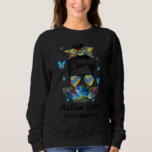 Messy Bun Proud Autism Schwester Ribbon Puzzle Blo Sweatshirt