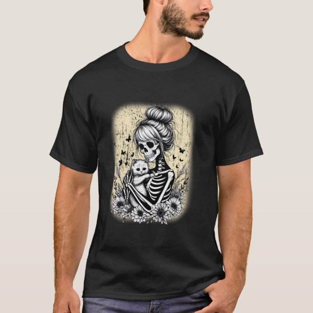 Messy Bun Skeleton Niedlich Kitten Cat Lovers Hall T-Shirt (Vorderseite)