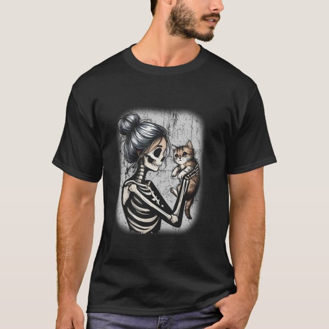 Messy Bun Skeleton Niedlich Kitten Cat Lovers Hall T-Shirt (Vorderseite)