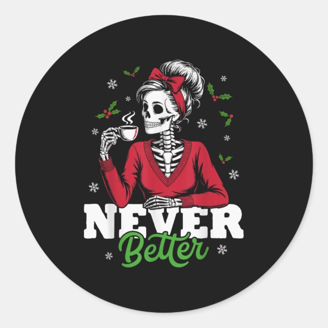 Messy Bun Skeleton Santa Coffee Xmas Funny Women S Runder Aufkleber (Vorderseite)