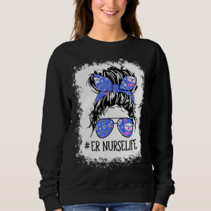 Messy Hair Blue Bow Glasses Er Nurse Bun Healthcar Sweatshirt