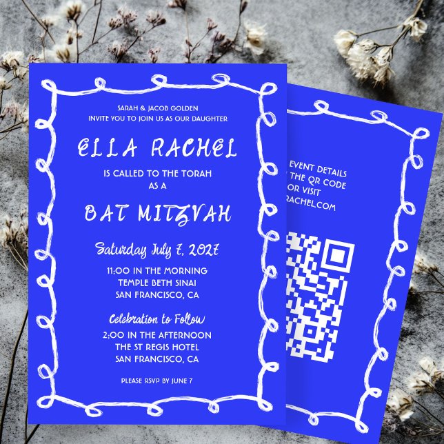 Messy Loops Hand gezeichnet QR Bar Bat Mitzvah Einladung (Messy Loops Hand Drawn Custom QR Bar Bat Mitzvah Blue White Invitation
)