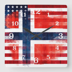 Messy Paint Strokes Norwegian American Flag Quadratische Wanduhr