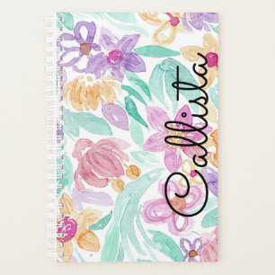 Messy Pink Orange Floral Watercolor Monogram Planer