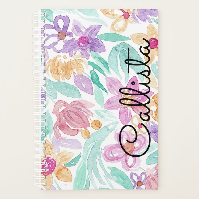 Messy Pink Orange Floral Watercolor Monogram Planer (Vorderseite)
