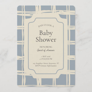 Messy Plaid Geometric Gender Neutral Blue Beige Einladung