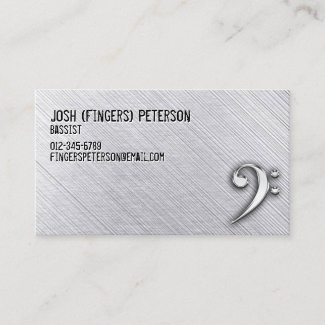 Metal Chrome Bass Clef Bassist Business Card Visitenkarte (Vorderseite)