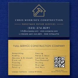 Metal Gold Navy Blue Handyman Construction QR Code Visitenkarte