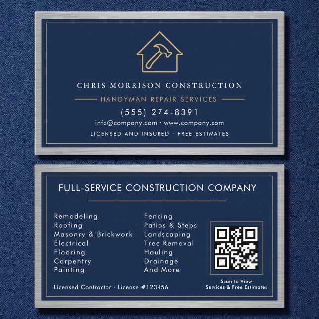 Metal-Handwerker Navy Blau Gold QR-Code  Visitenkarte (Von Creator hochgeladen)