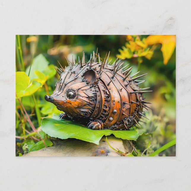 Metal Hedgehog Garden Decor on leave Postkarte (Vorderseite)