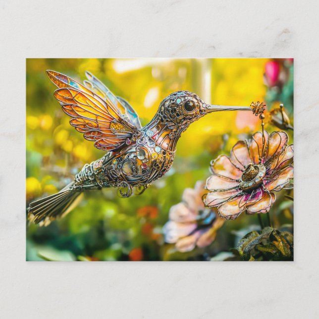 Metal Hummingbird in Flight on flower Postkarte (Vorderseite)