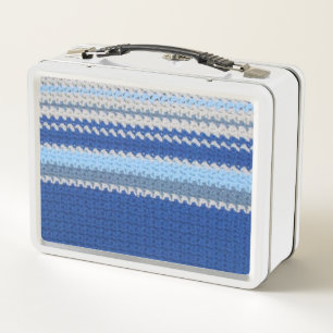 Metal Lunch Box - Crochet in Blau und Weiß Streife