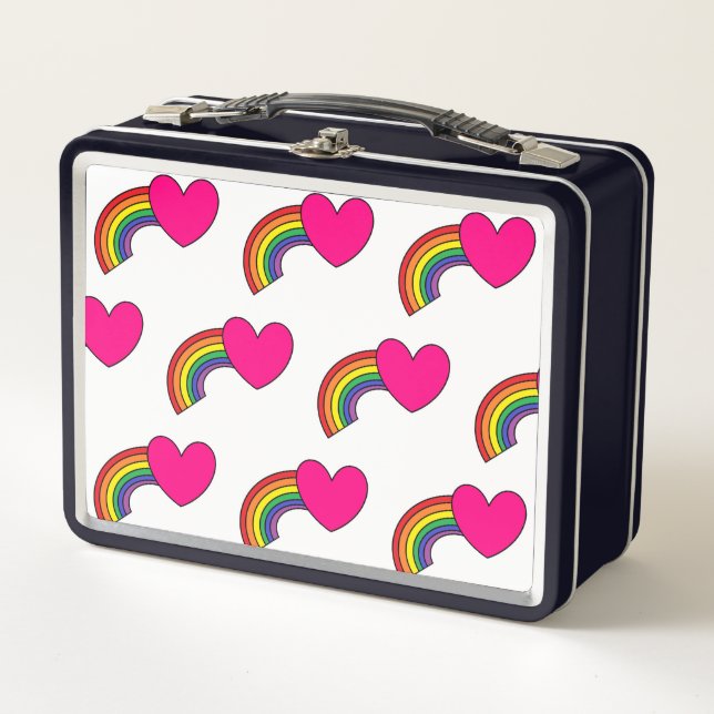 Metal Lunch Box mit Regenbogen und rosa Herzen (Vorderseite)