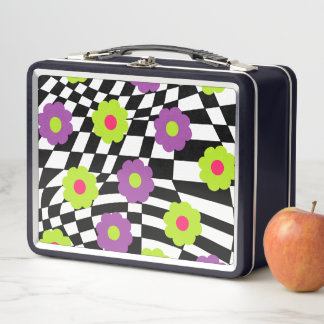 Metal-Lunchbox mit Retro-Schachbrettern und -Blume Metall Brotdose