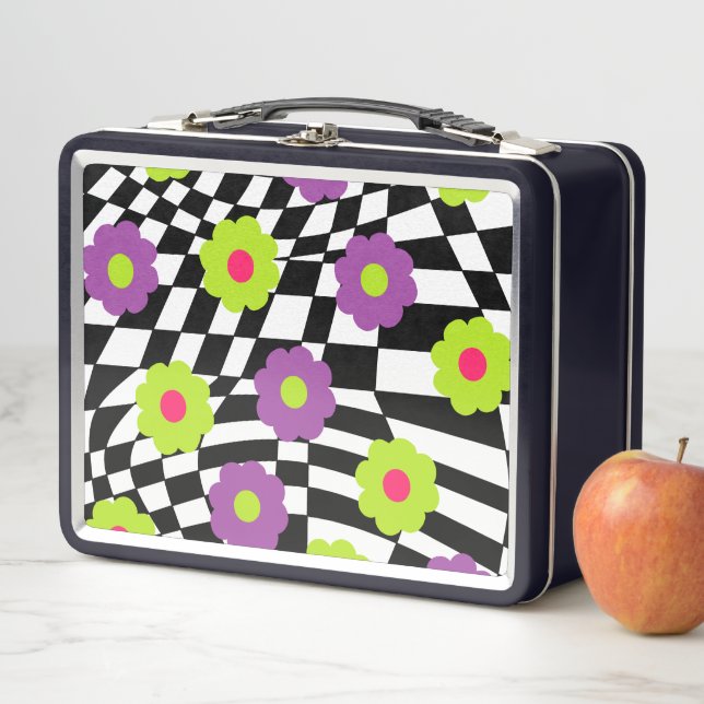 Metal-Lunchbox mit Retro-Schachbrettern und -Blume Metall Brotdose (Beispiel)
