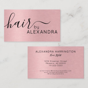 Metal Pink Elegant Script Haarstylist Visitenkarte