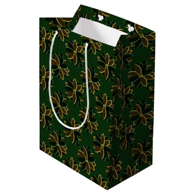 Metal Poinsettia Blume-1 Green-Gold-GIFT BAG Mittlere Geschenktüte (Rückseite Schrägansicht)