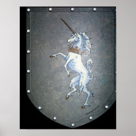 Metal Shield White Unicorn Black Poster