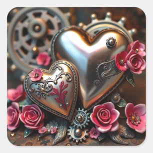 Metalherzen und rosa Blumen Steampunk Quadratischer Aufkleber