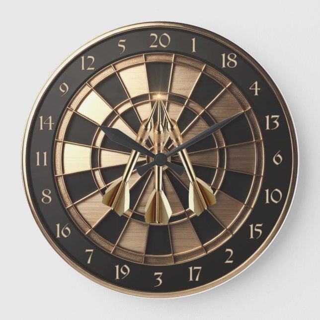Metall Dartboard mit Dartpfeilen Gold Metalleffekt Große Wanduhr (Vorderseite)