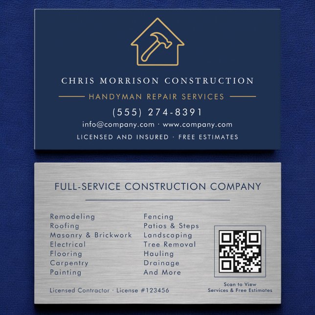 Metall-Handwerker-Bau-Navyblau-Gold-QR-Code Visitenkarte (Von Creator hochgeladen)