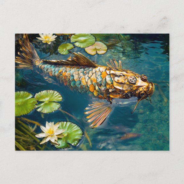 Metall-Koi im Teich und Wasserlilie Postkarte (Vorderseite)