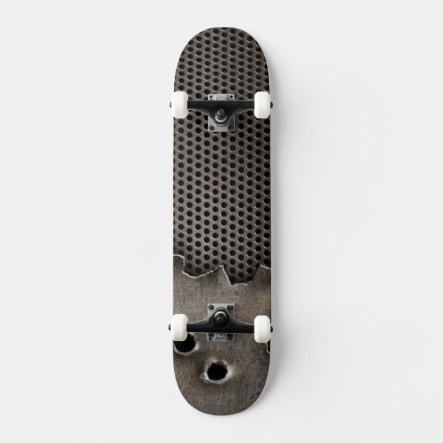 Metall mit Einschusslochhintergrund Skateboard (Vorderseite)