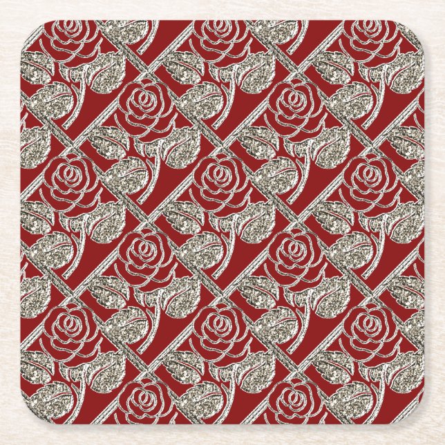Metall-Rose-3-Rotes Silver-Untersetzer-Set Rechteckiger Pappuntersetzer (Vorderseite)