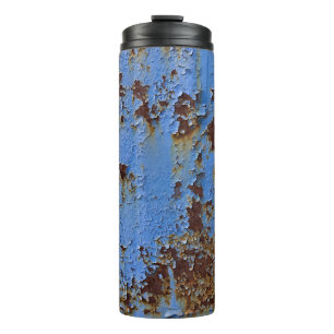Metall- und Blaulacktextur. Thermosbecher