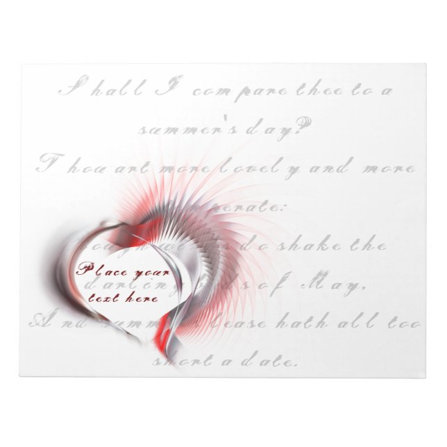 Metallherz mit Shakespeares Sonnet 18 Notizblock (Vorderseite)