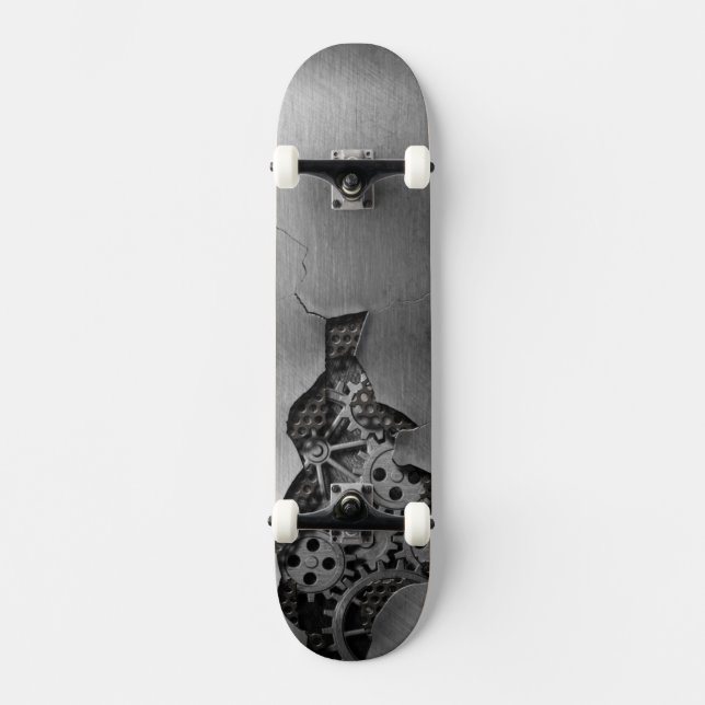 Metallhintergrund mit mechanischem Schaden Skateboard (Vorderseite)
